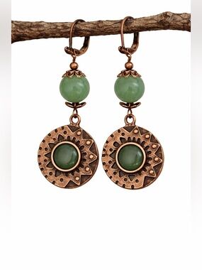 Copper Green Cabochon Earrings • Boho Dangle • Artisan Drop